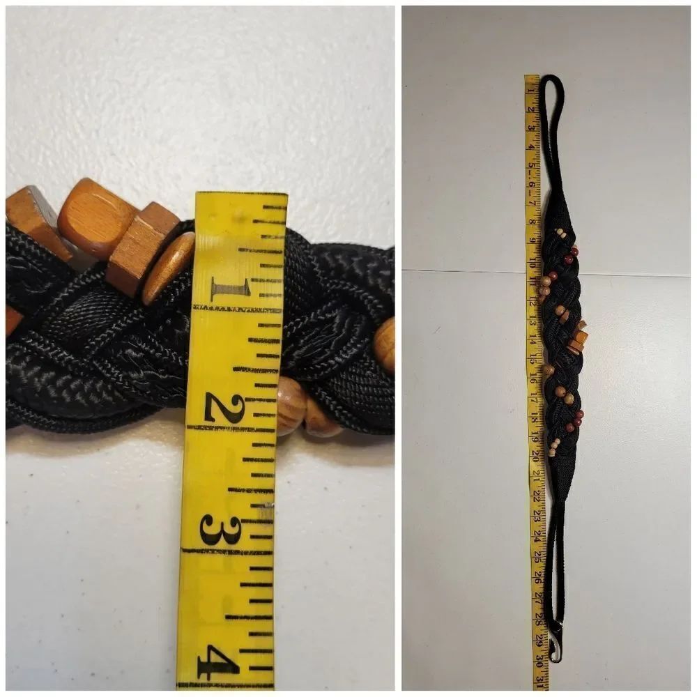 Black Braided Belt with Wooden Beads Vintage 80s Nylon Strech Cord Woven - Picture 9 of 9